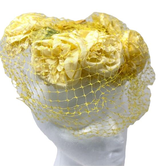 Yellow Silk Floral Hat Veiled Half Hat Fascinator Derby Vintage 50s 60s‎ - Picture 4 of 5